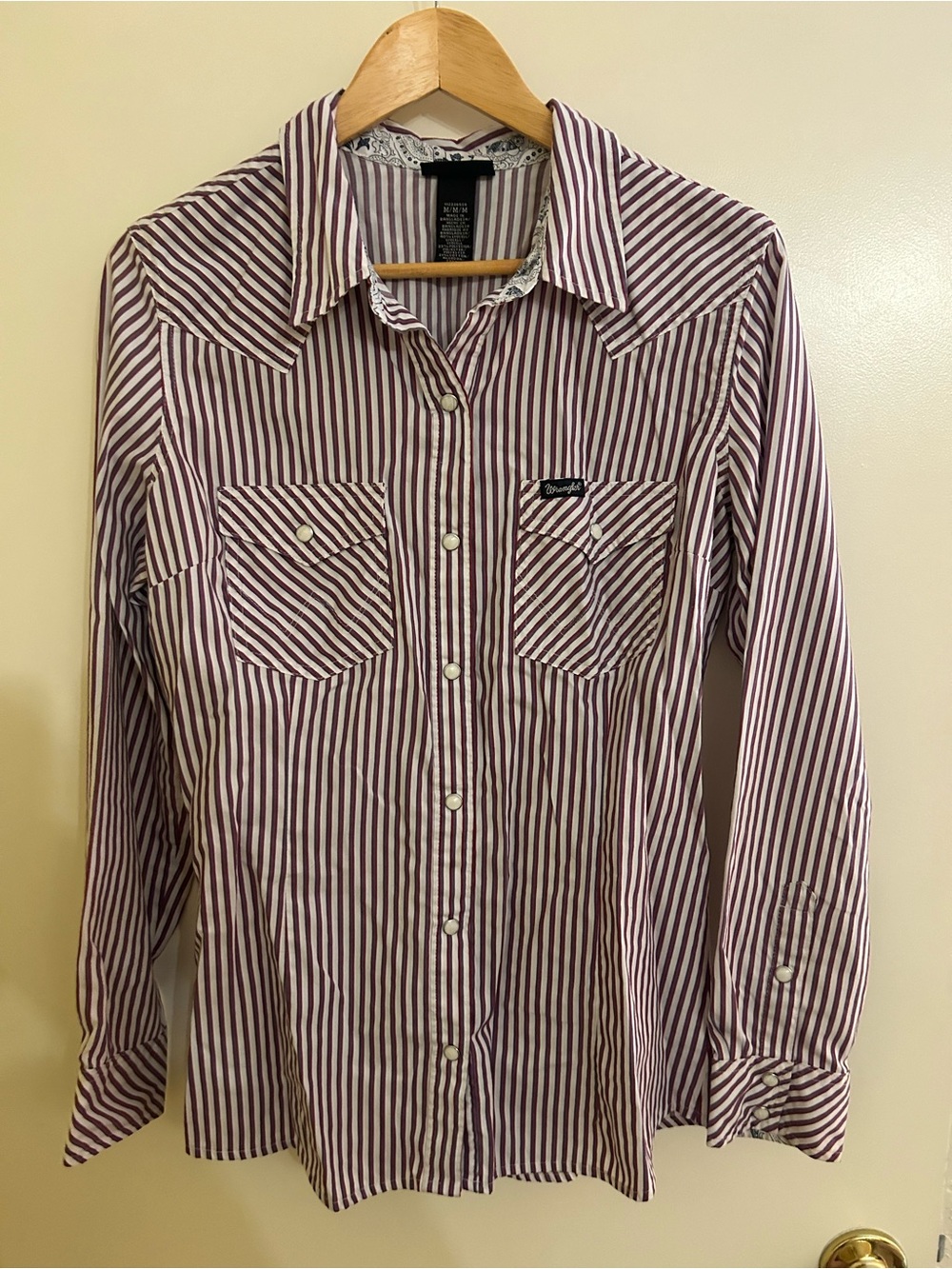 Wrangler Burgundy and White Striped Casual Button-Down Shirt